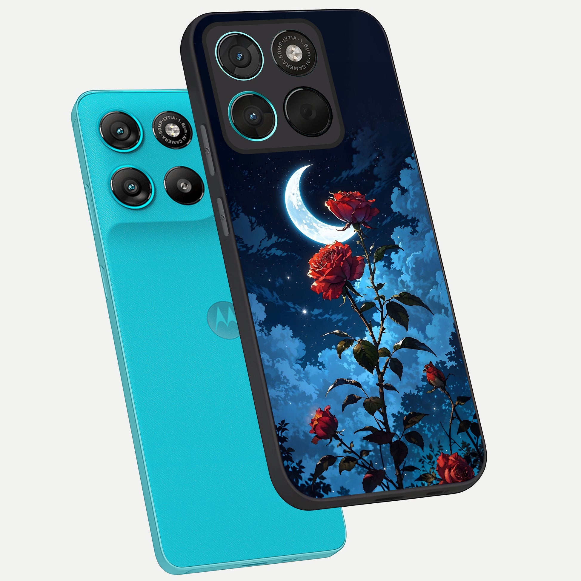  Crimson Rose Moon phone case For Moto G57 Power showing premium glass back cover with detailed artwork