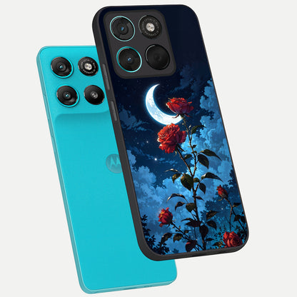  Crimson Rose Moon phone case For Moto G57 Power showing premium glass back cover with detailed artwork