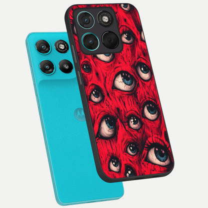  Crimson Watch Eyes phone case For Moto G57 Power showing premium glass back cover with detailed artwork