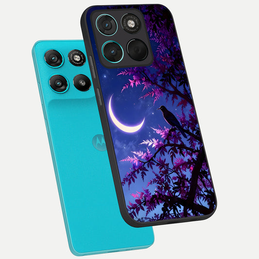  Crow And Moon Scenery phone case For Moto G57 Power showing premium glass back cover with detailed artwork