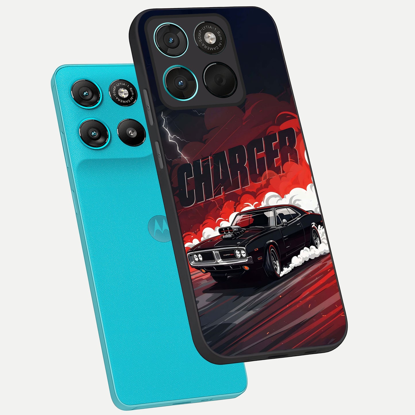  Dark Charger Fury phone case For Moto G57 Power showing premium glass back cover with detailed artwork
