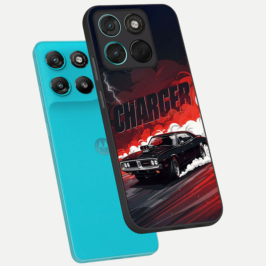  Dark Charger Fury phone case For Moto G57 Power showing premium glass back cover with detailed artwork