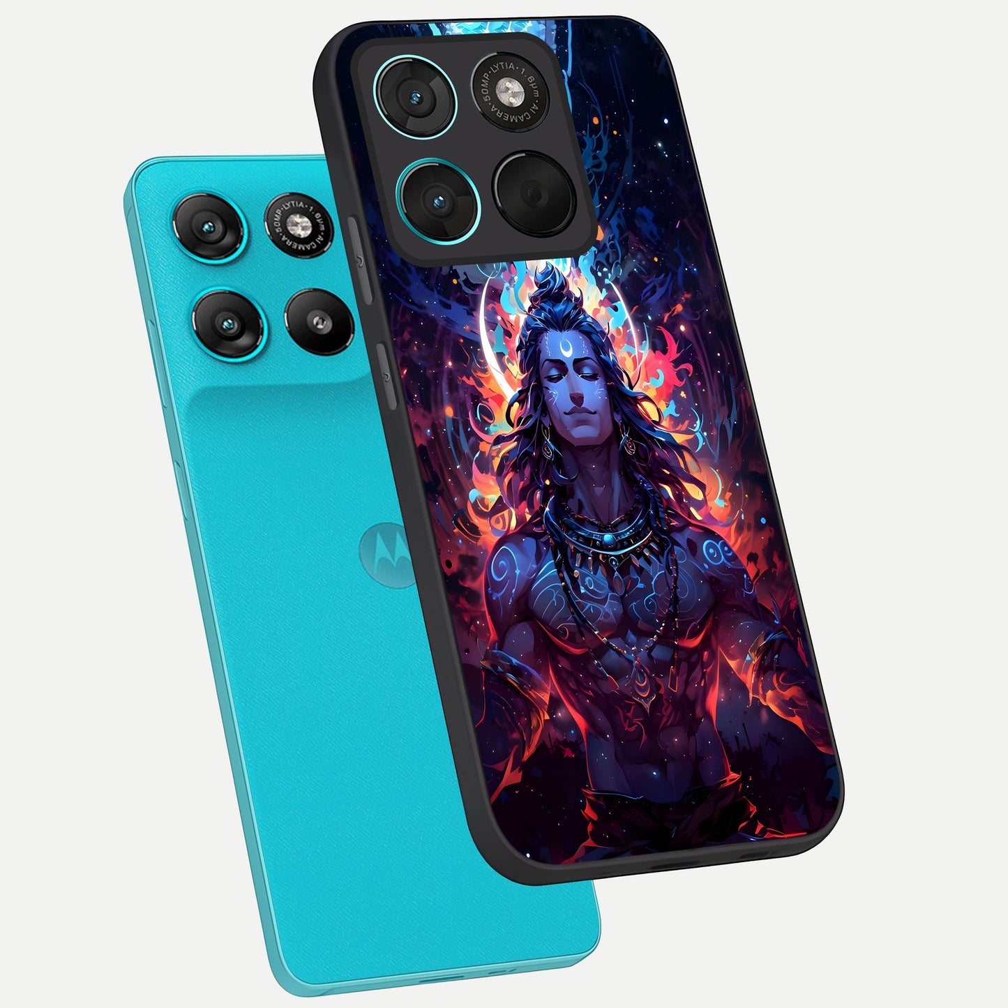  Divine Fire Shiv phone case For Moto G57 Power showing premium glass back cover with detailed artwork