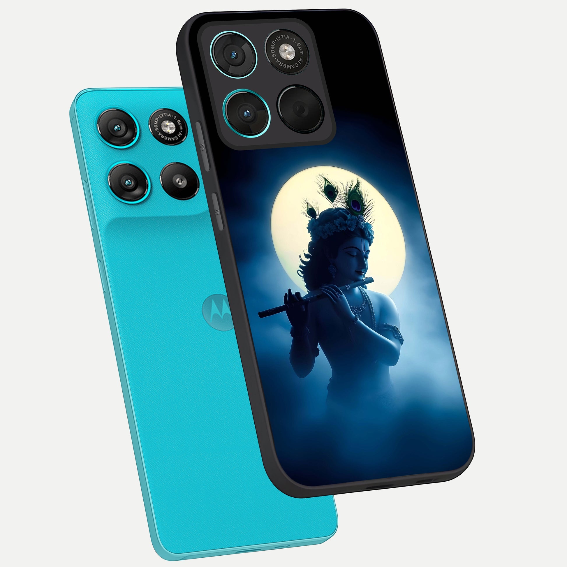  Divine Moon Flute phone case For Moto G57 Power showing premium glass back cover with detailed artwork