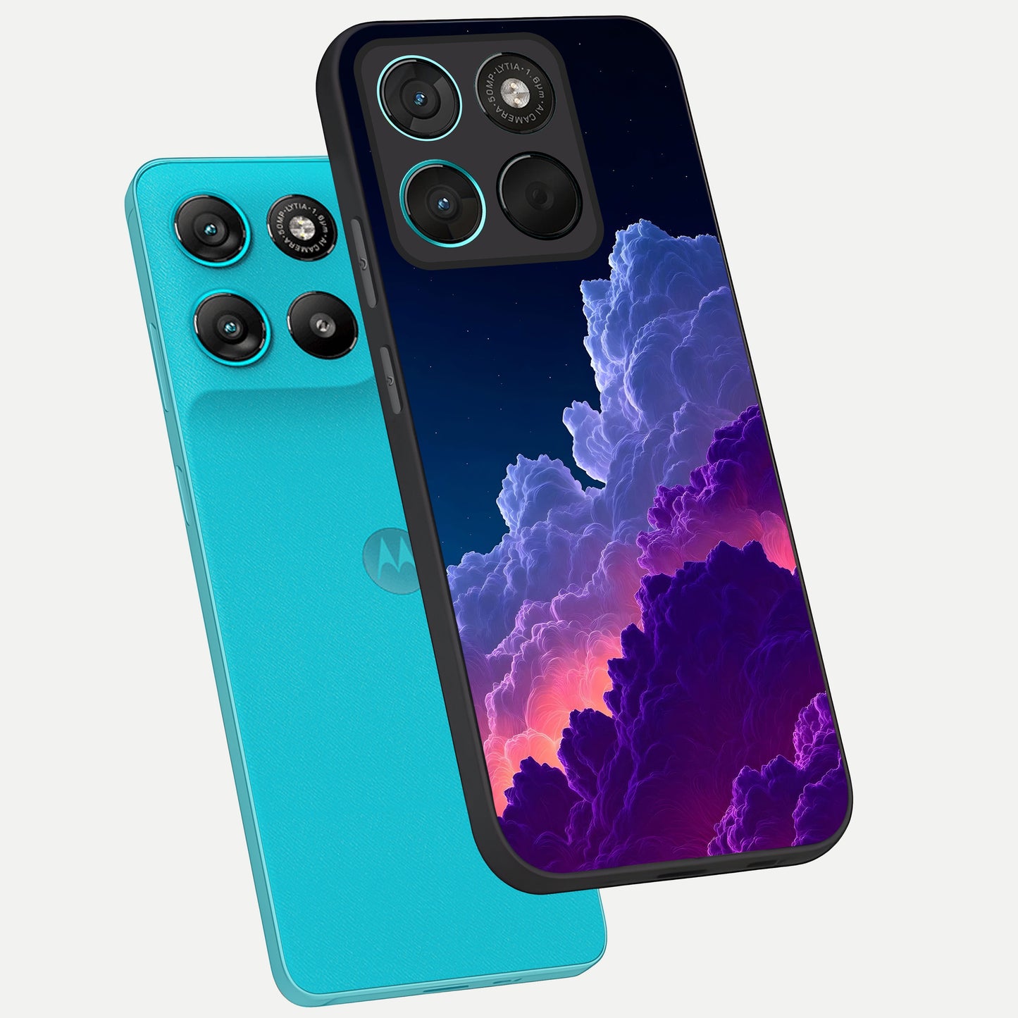  Dreamy Cloud Skies phone case For Moto G57 Power showing premium glass back cover with detailed artwork