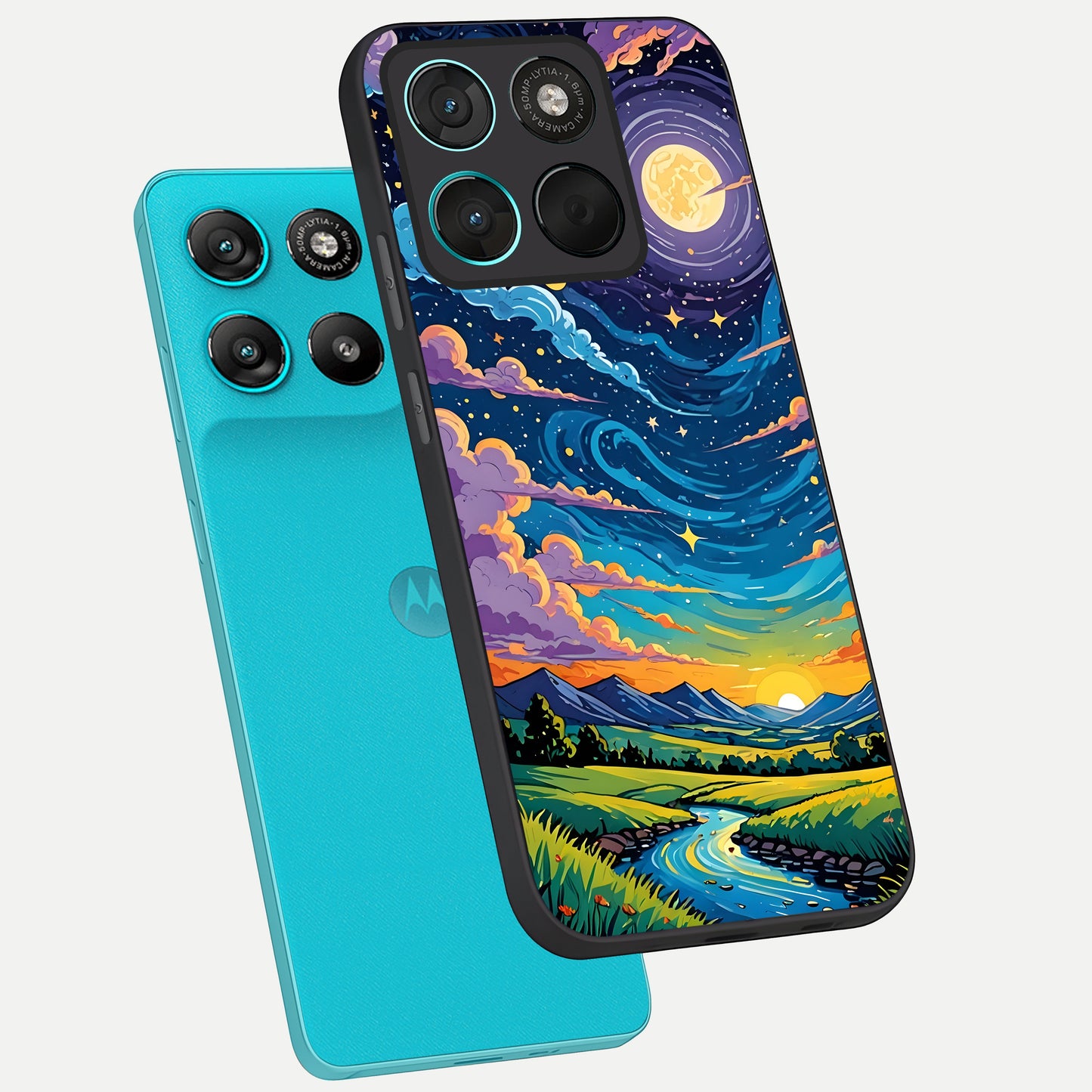  Dreamy Night Landscape phone case For Moto G57 Power showing premium glass back cover with detailed artwork