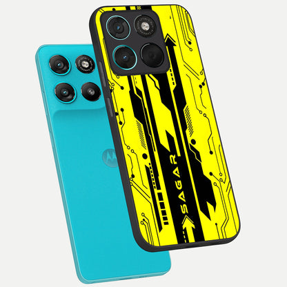  Electric Pulse CYBERPUNK Custom Name phone case For Moto G57 Power showing premium glass back cover with detailed artwork