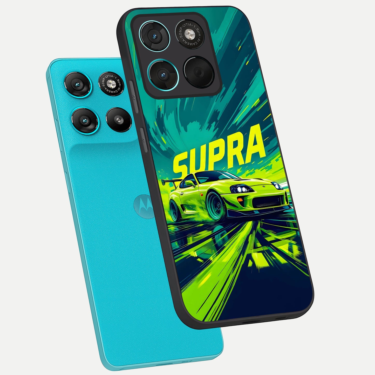  Electric Supra Thunder phone case For Moto G57 Power showing premium glass back cover with detailed artwork