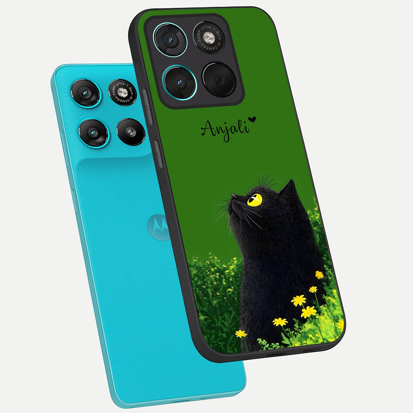  Emerald Cat Custom Name phone case For Moto G57 Power showing premium glass back cover with detailed artwork