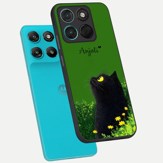  Emerald Cat Custom Name phone case For Moto G57 Power showing premium glass back cover with detailed artwork