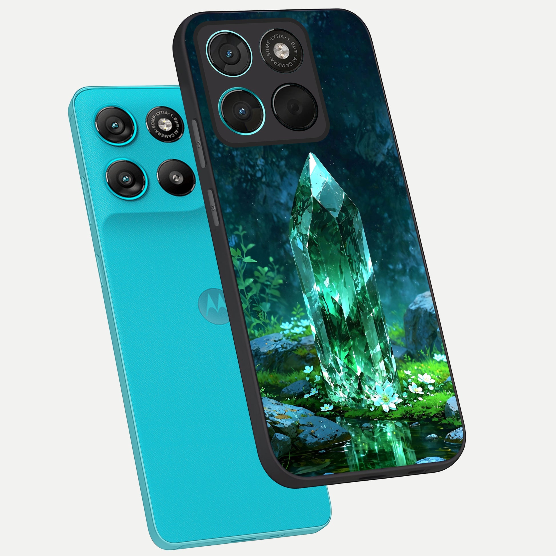  Emerald Light Crystal phone case For Moto G57 Power showing premium glass back cover with detailed artwork