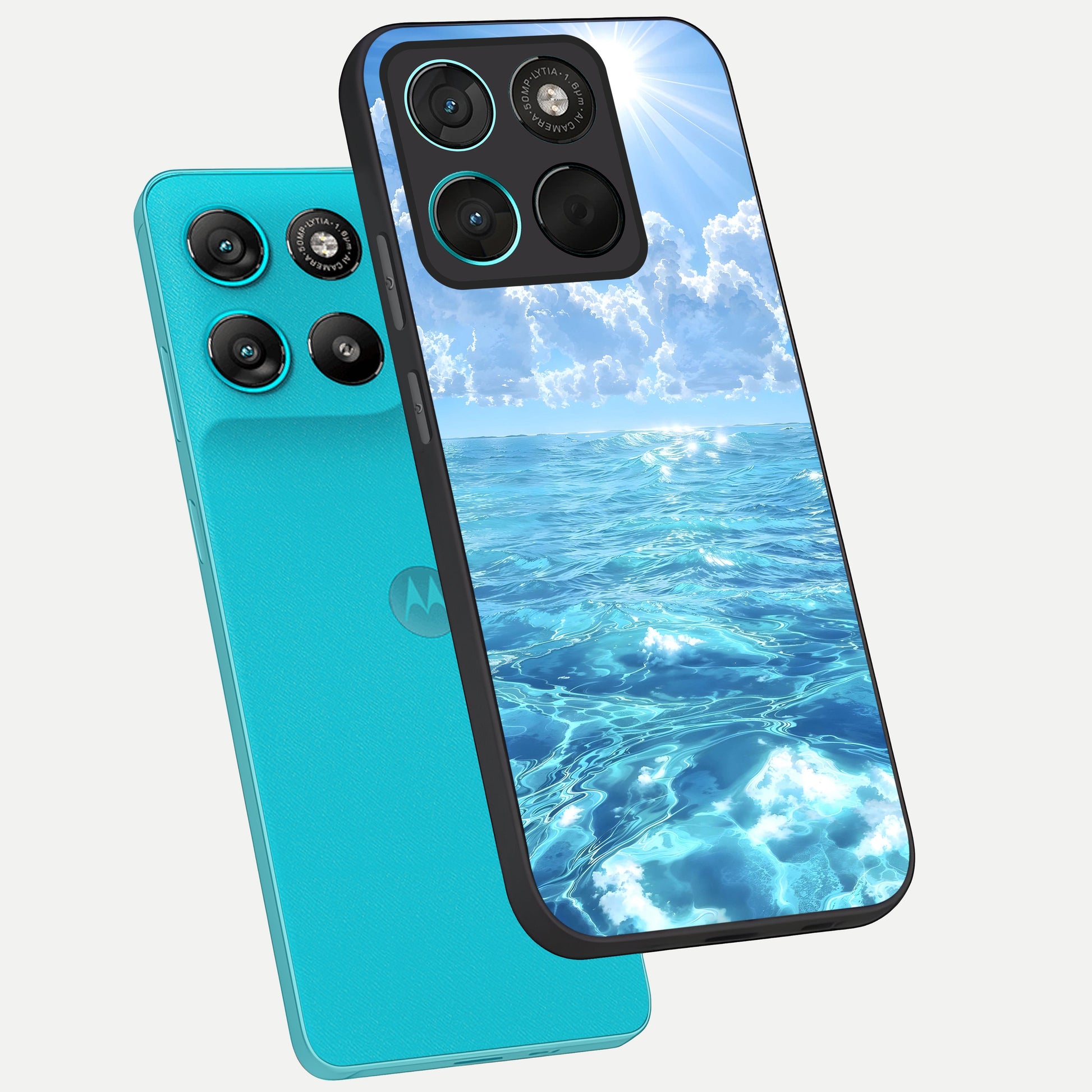  Endless Ocean Horizon phone case For Moto G57 Power showing premium glass back cover with detailed artwork