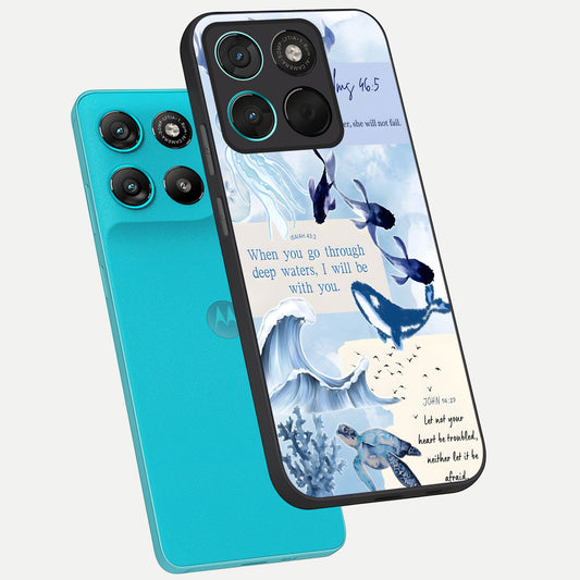  Faithful Ocean Promise phone case For Moto G57 Power showing premium glass back cover with detailed artwork
