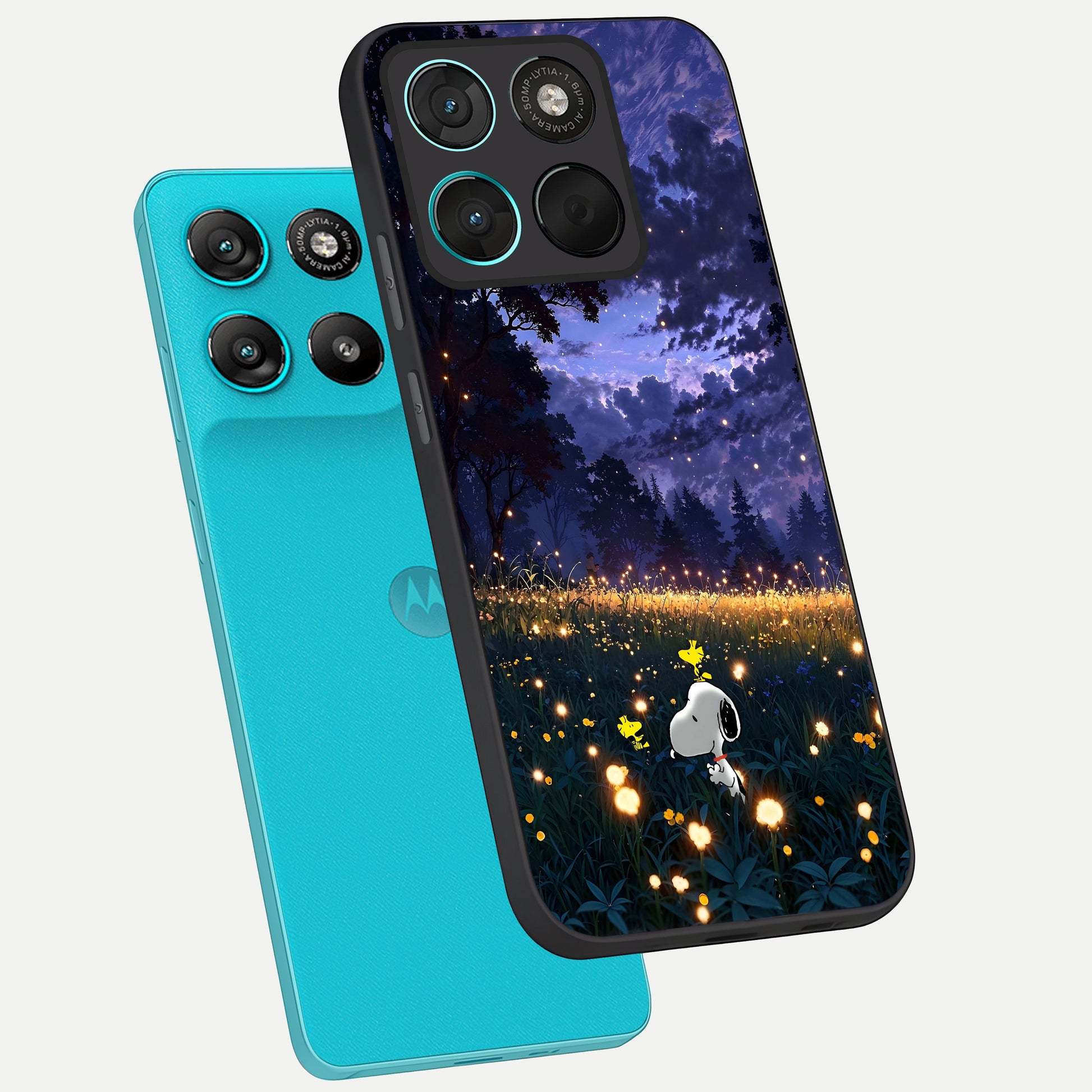  Firefly Meadow Magic phone case For Moto G57 Power showing premium glass back cover with detailed artwork