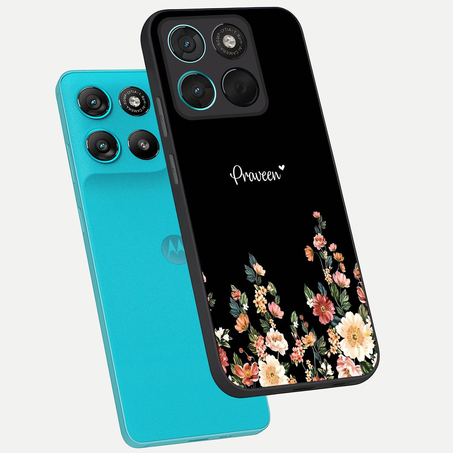  Floral Design Personalized Custom Name phone case For Moto G57 Power showing premium glass back cover with detailed artwork