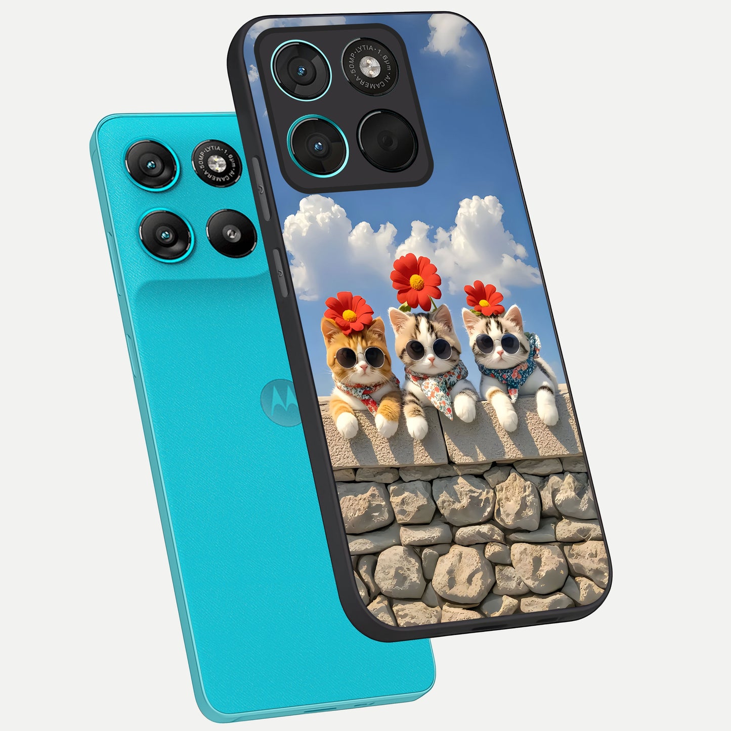  Floral Kitty Squad phone case For Moto G57 Power showing premium glass back cover with detailed artwork