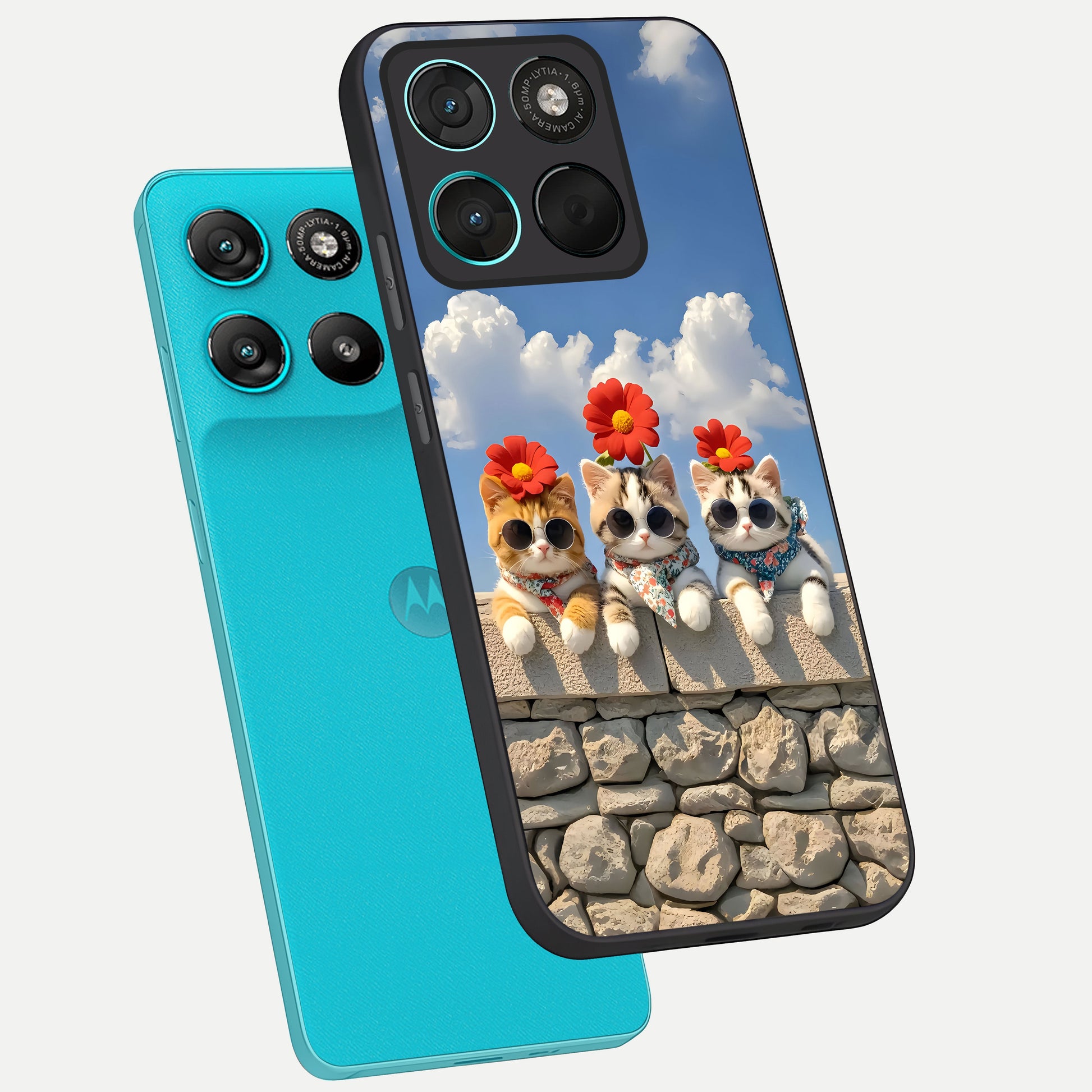  Floral Kitty Squad phone case For Moto G57 Power showing premium glass back cover with detailed artwork