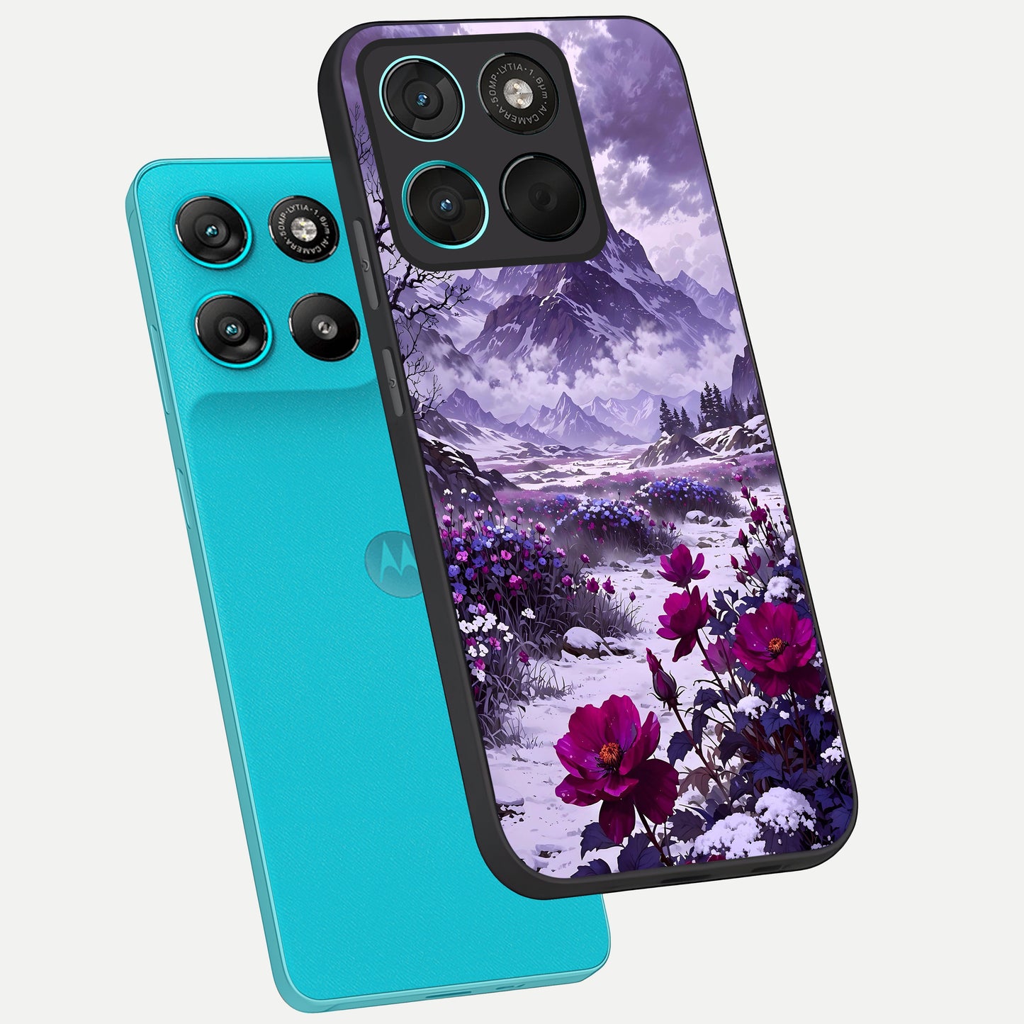  Flower Mountain View phone case For Moto G57 Power showing premium glass back cover with detailed artwork