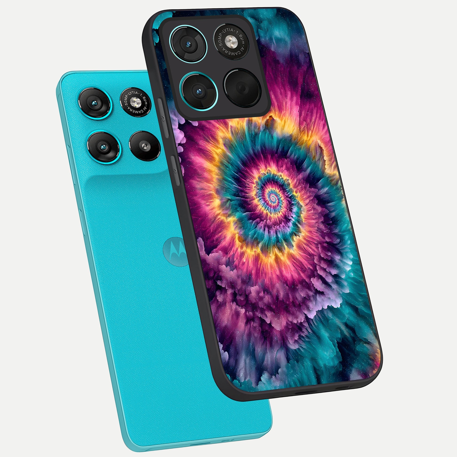  Galactic Spiral Burst phone case For Moto G57 Power showing premium glass back cover with detailed artwork