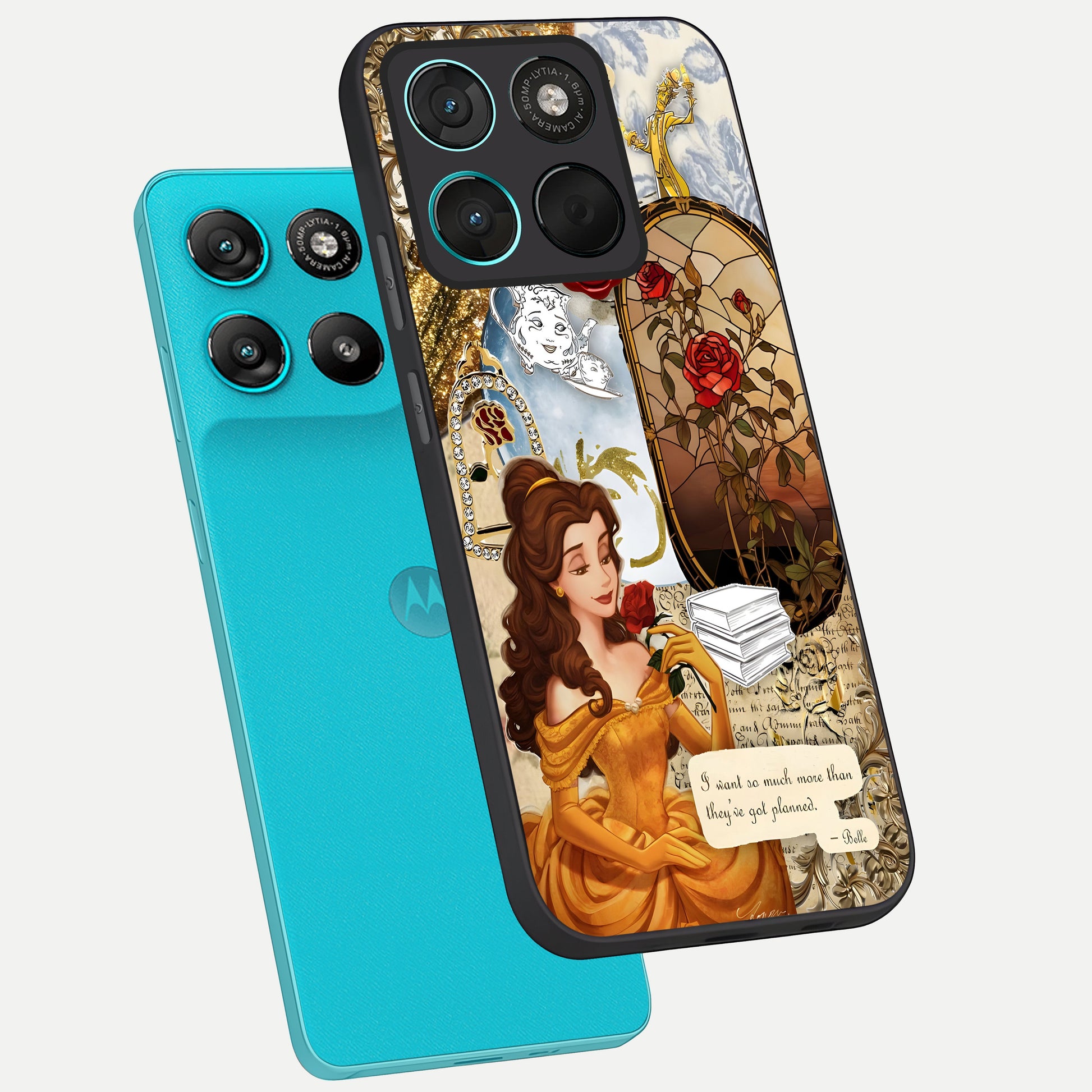  Golden Dream Belle phone case For Moto G57 Power showing premium glass back cover with detailed artwork