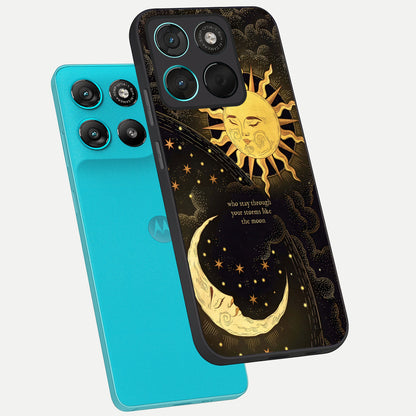  Golden Lunar Love phone case For Moto G57 Power showing premium glass back cover with detailed artwork