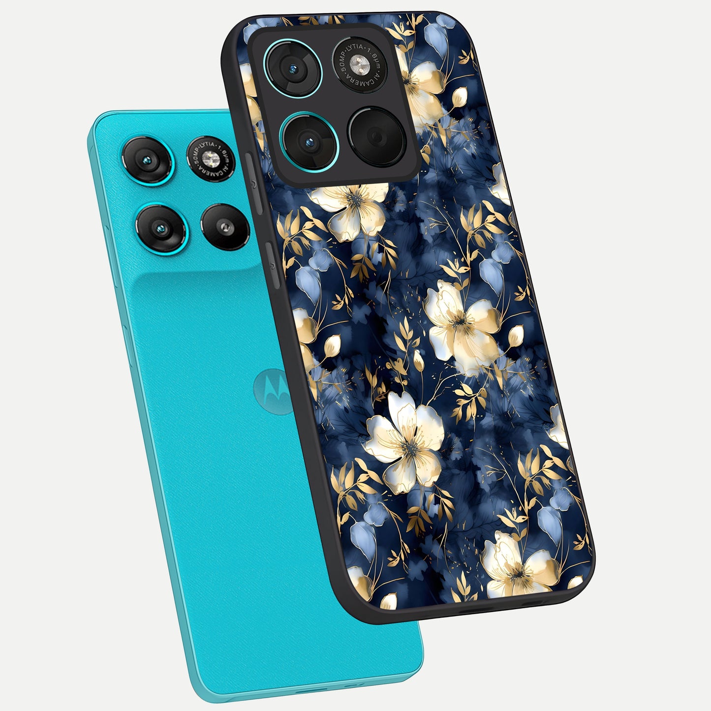  Golden Midnight Bloom phone case For Moto G57 Power showing premium glass back cover with detailed artwork