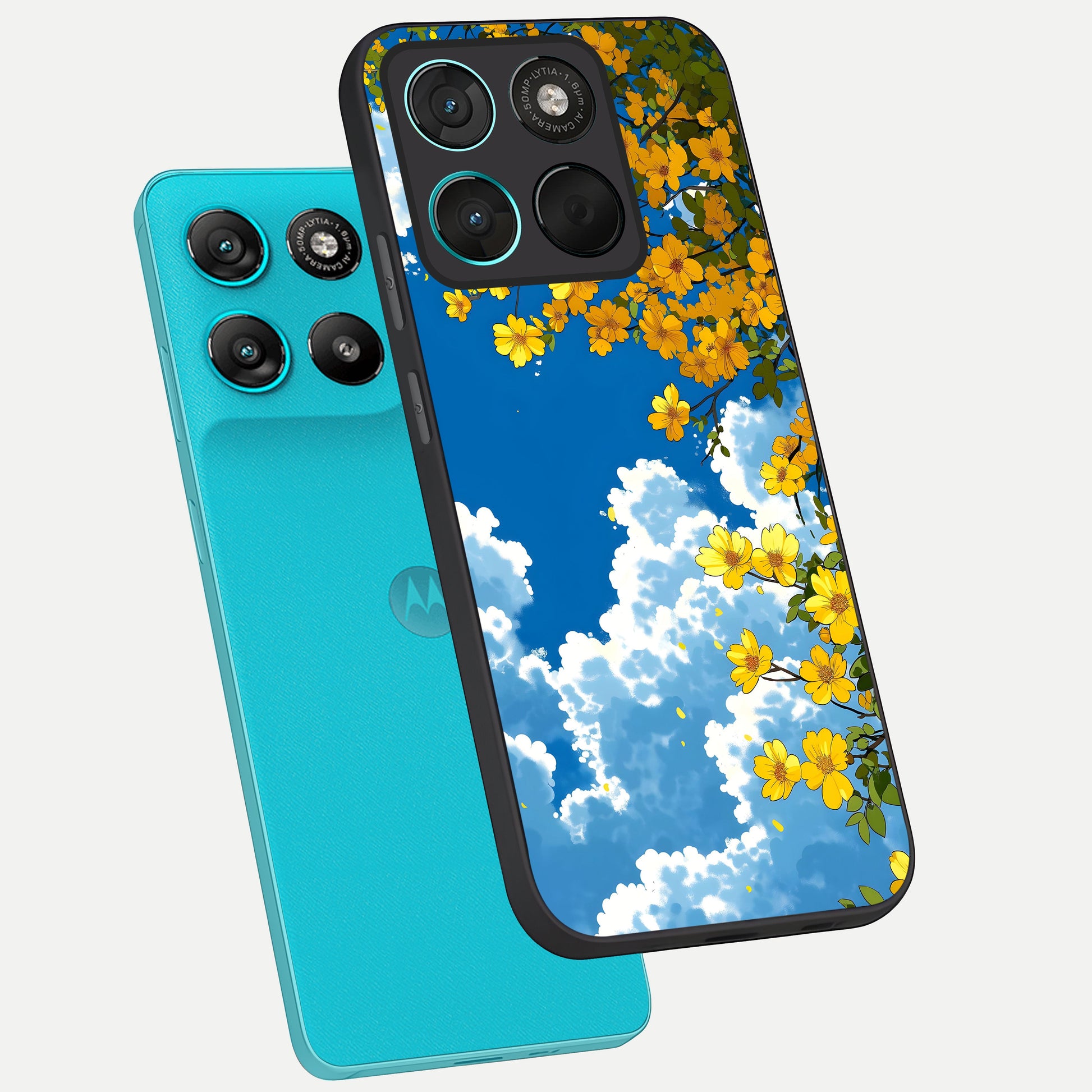  Golden Petal Sky phone case For Moto G57 Power showing premium glass back cover with detailed artwork