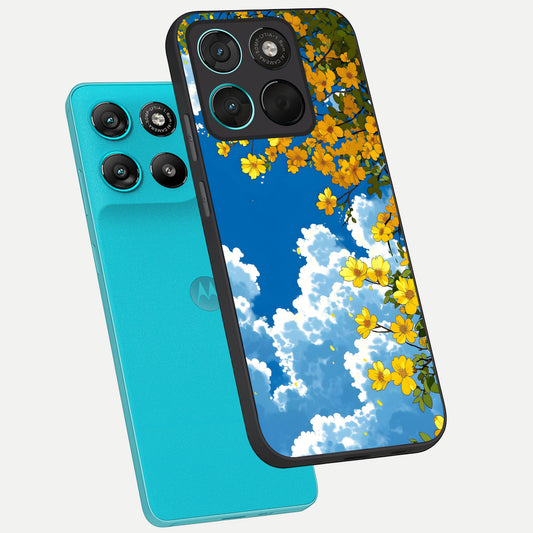  Golden Petal Sky phone case For Moto G57 Power showing premium glass back cover with detailed artwork