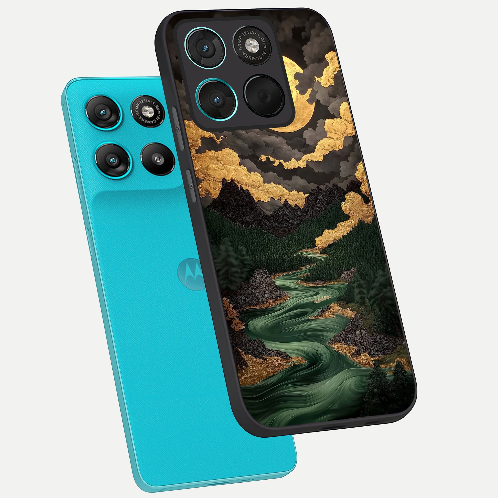  Golden River Moon phone case For Moto G57 Power showing premium glass back cover with detailed artwork