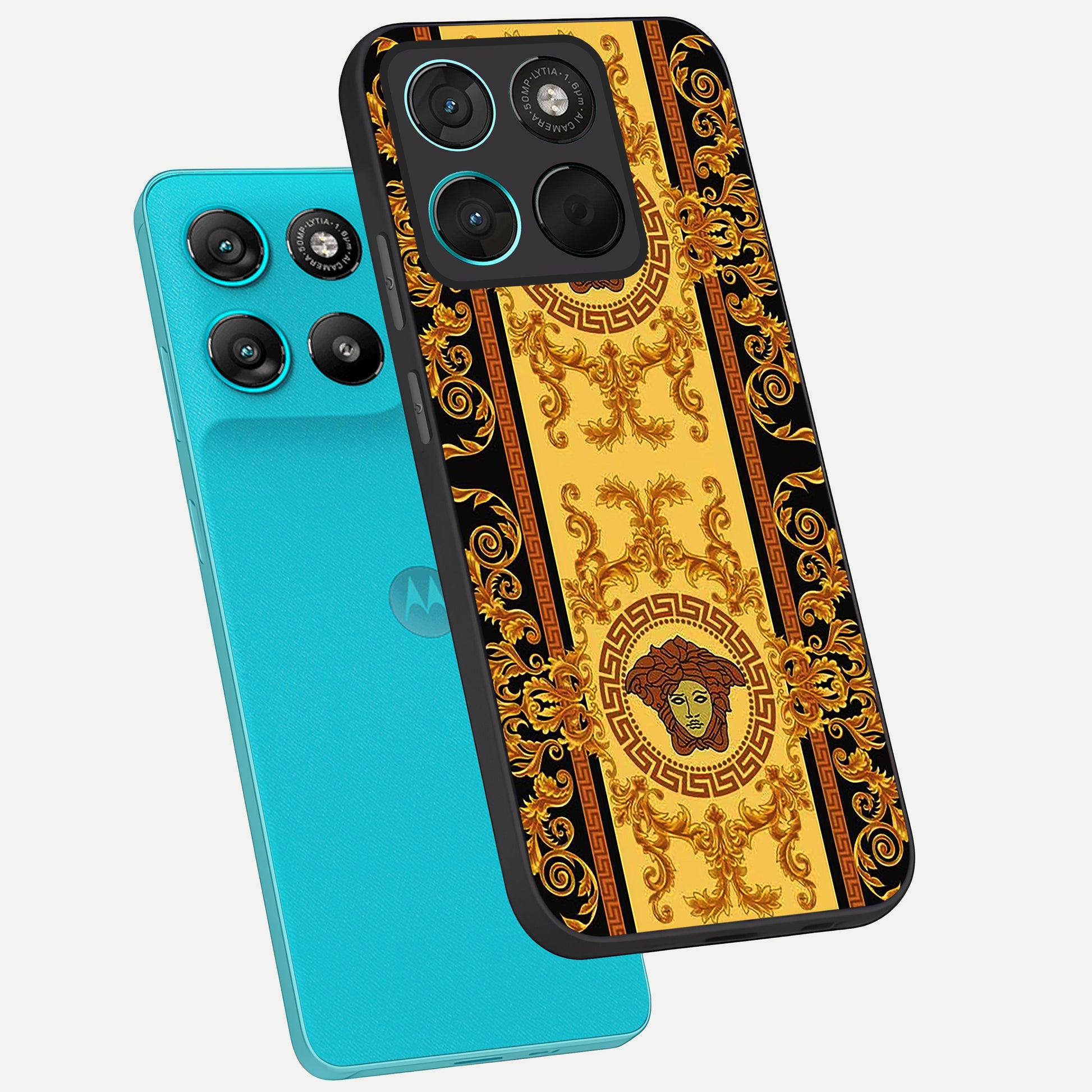  Golden Royal Heritage phone case For Moto G57 Power showing premium glass back cover with detailed artwork