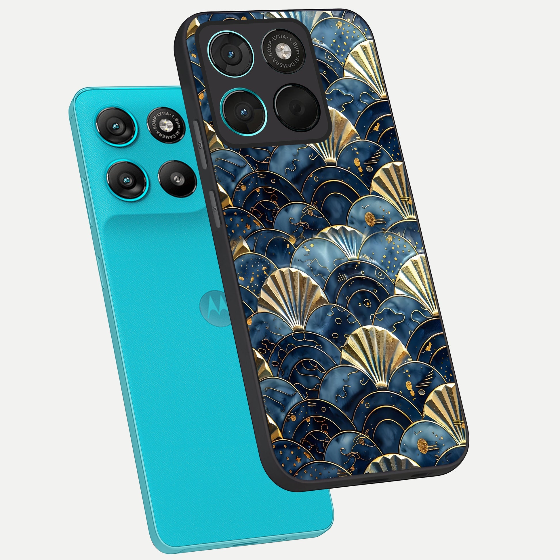  Golden Wave Luxe phone case For Moto G57 Power showing premium glass back cover with detailed artwork