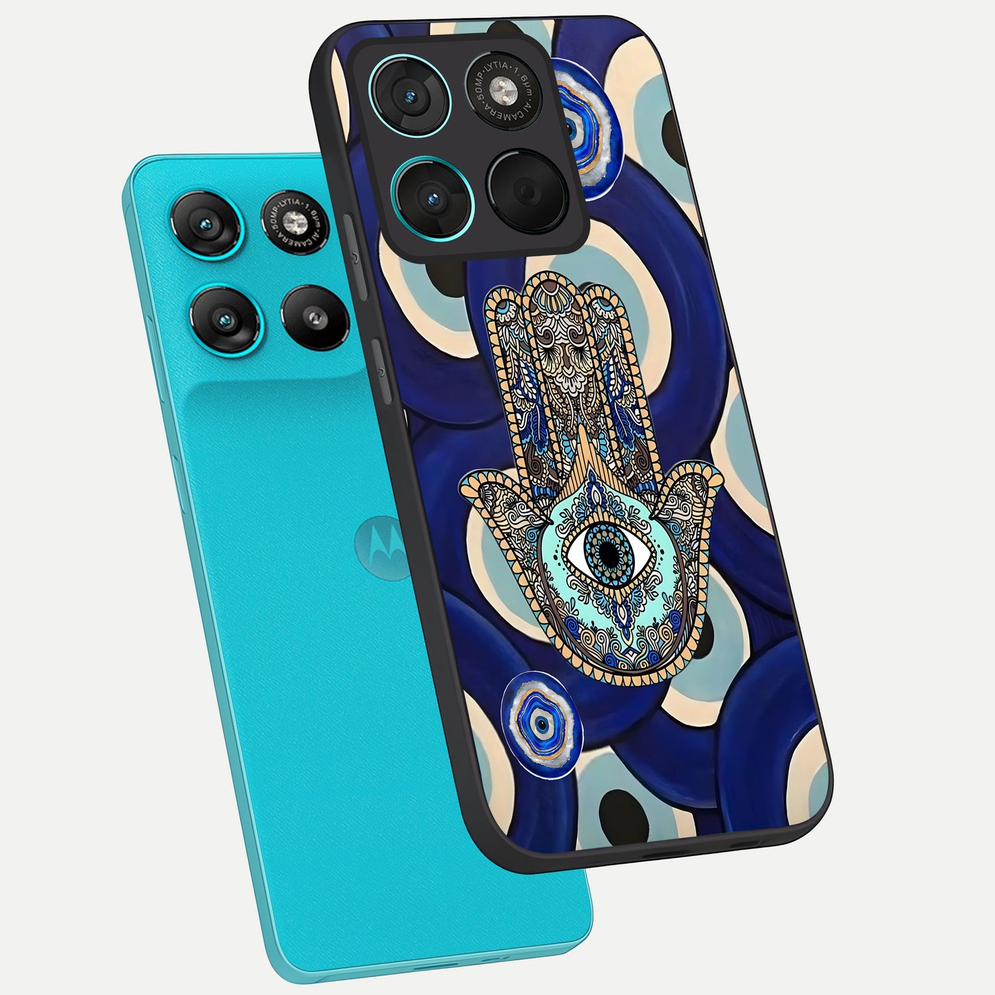  Hamsa Divine Guard phone case For Moto G57 Power showing premium glass back cover with detailed artwork