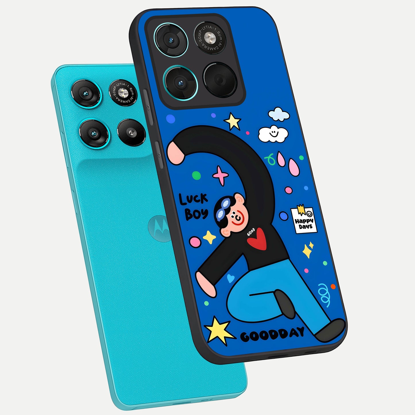  Happy Luck Vibe phone case For Moto G57 Power showing premium glass back cover with detailed artwork