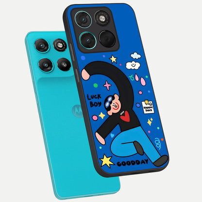  Happy Luck Vibe phone case For Moto G57 Power showing premium glass back cover with detailed artwork