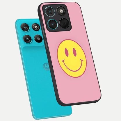  Happy Pink Mood phone case For Moto G57 Power showing premium glass back cover with detailed artwork