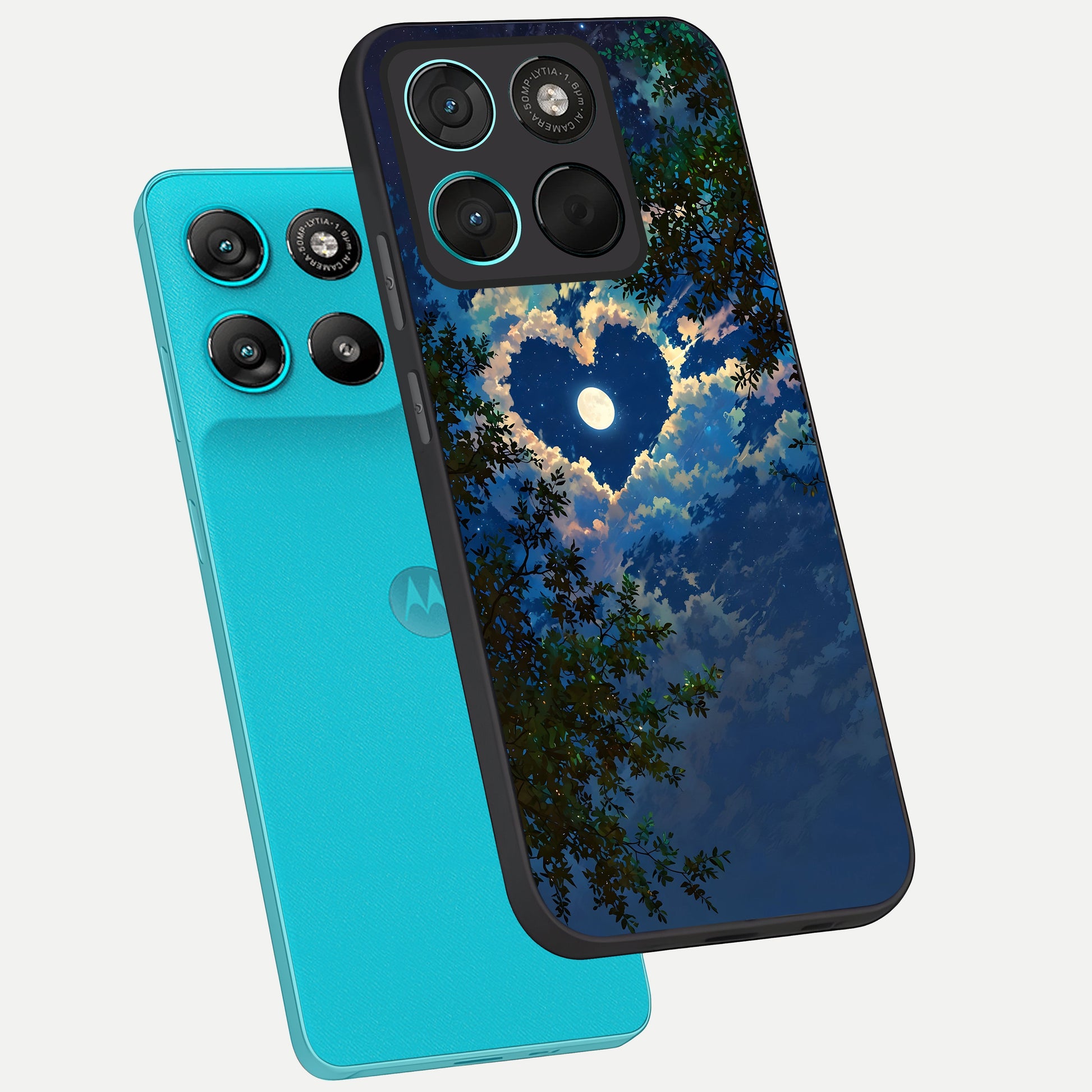  Heart With Moon Sky phone case For Moto G57 Power showing premium glass back cover with detailed artwork