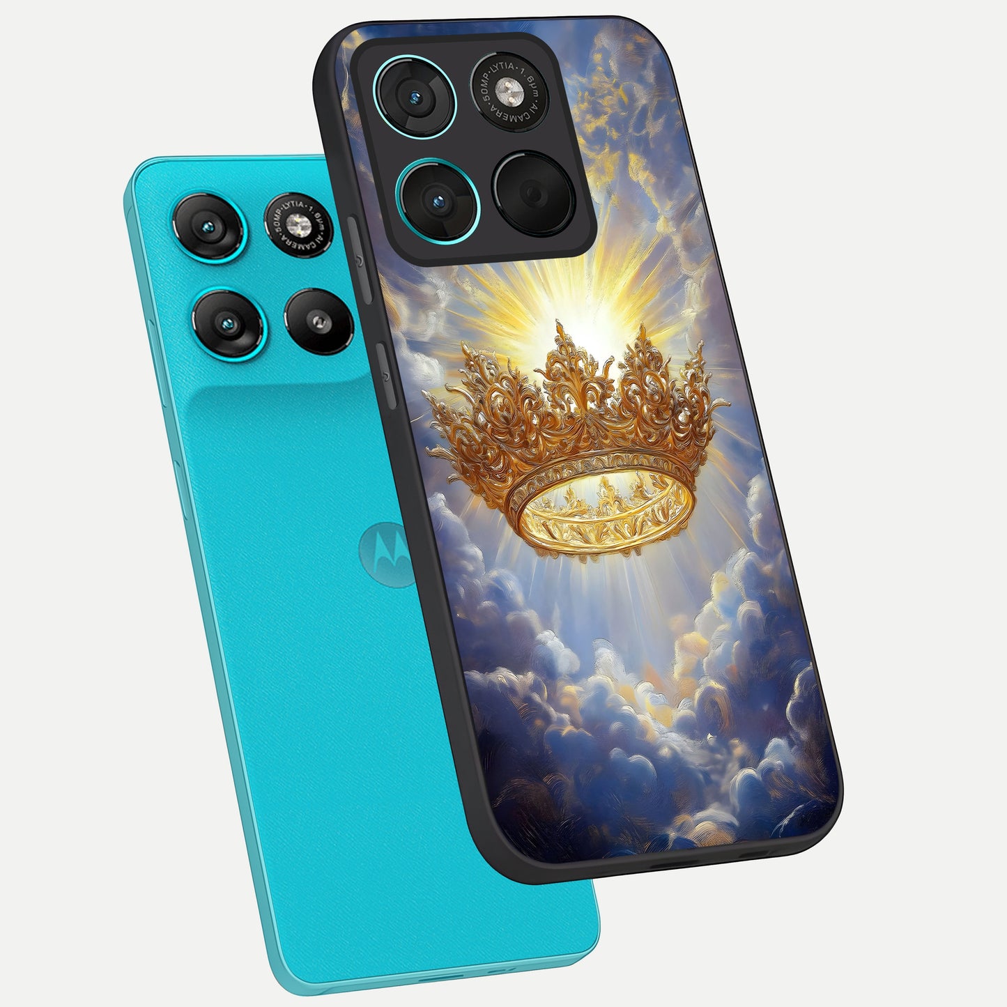  Heavenly Crown Light phone case For Moto G57 Power showing premium glass back cover with detailed artwork
