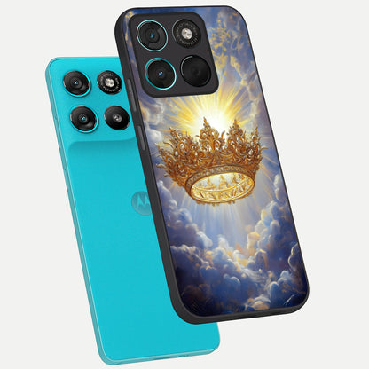  Heavenly Crown Light phone case For Moto G57 Power showing premium glass back cover with detailed artwork