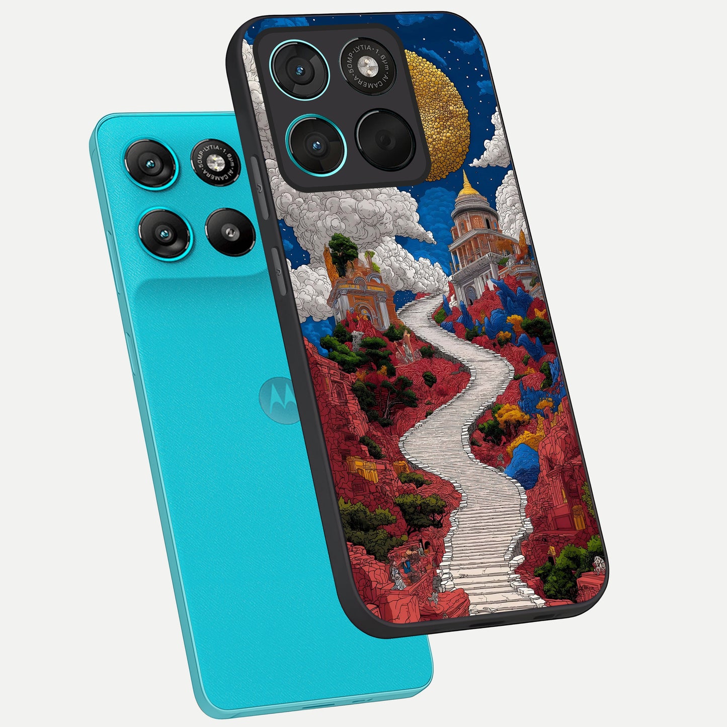  Heavenly Moon Path phone case For Moto G57 Power showing premium glass back cover with detailed artwork