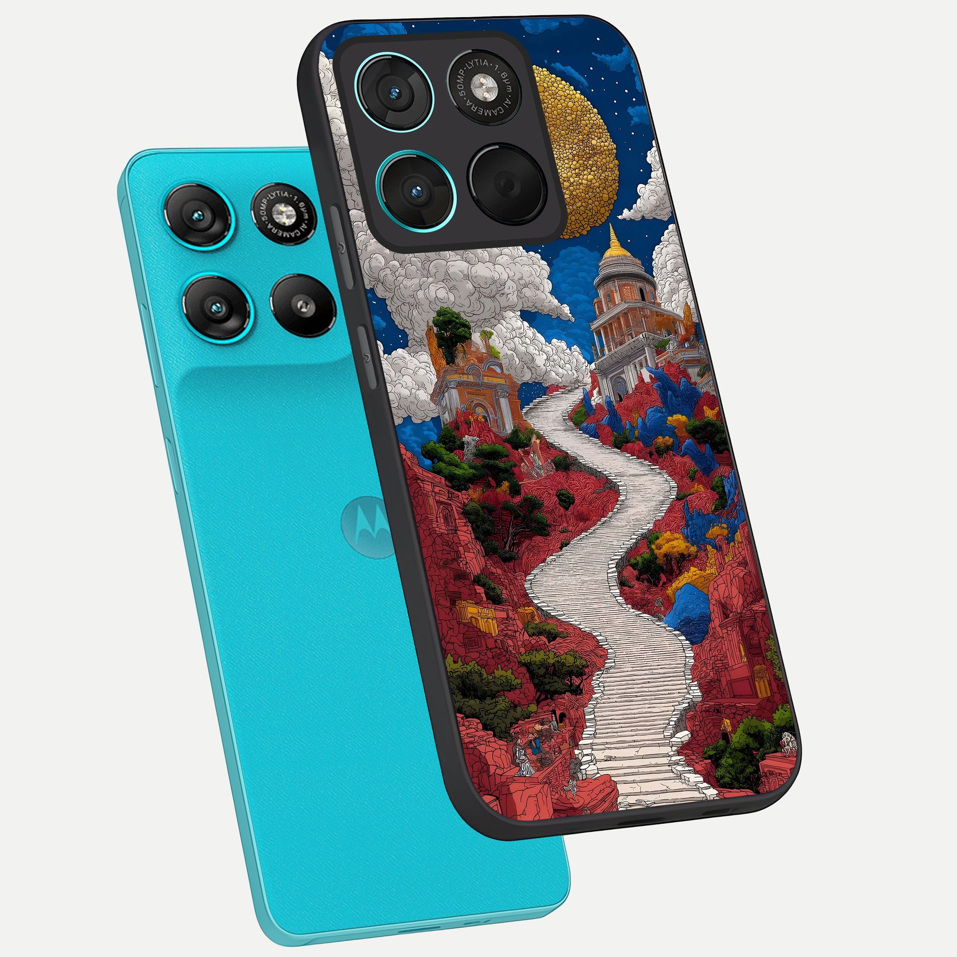 Heavenly Moon Path phone case For Moto G57 Power showing premium glass back cover with detailed artwork