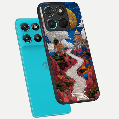  Heavenly Moon Path phone case For Moto G57 Power showing premium glass back cover with detailed artwork