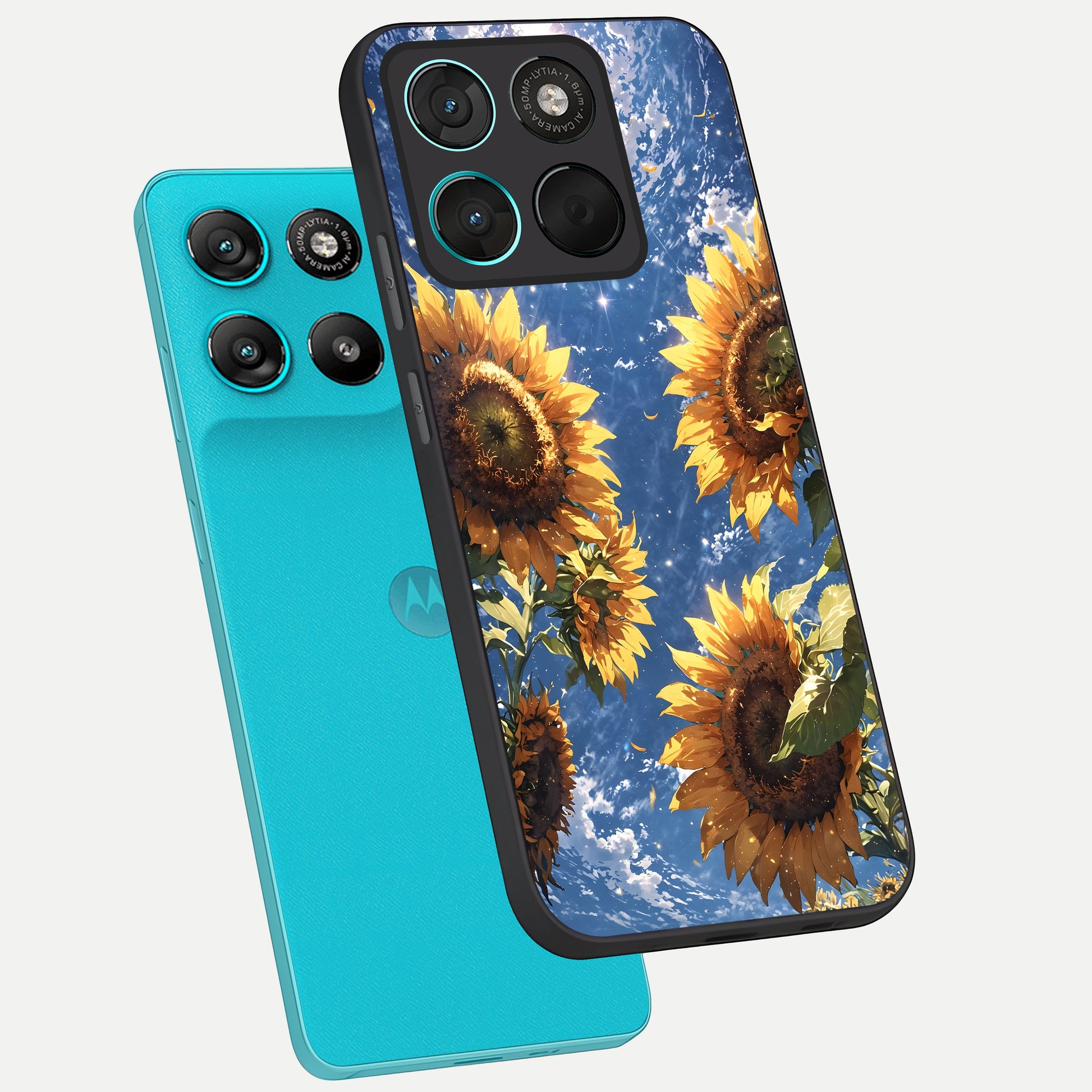  Heavenly Sunflower Rise phone case For Moto G57 Power showing premium glass back cover with detailed artwork