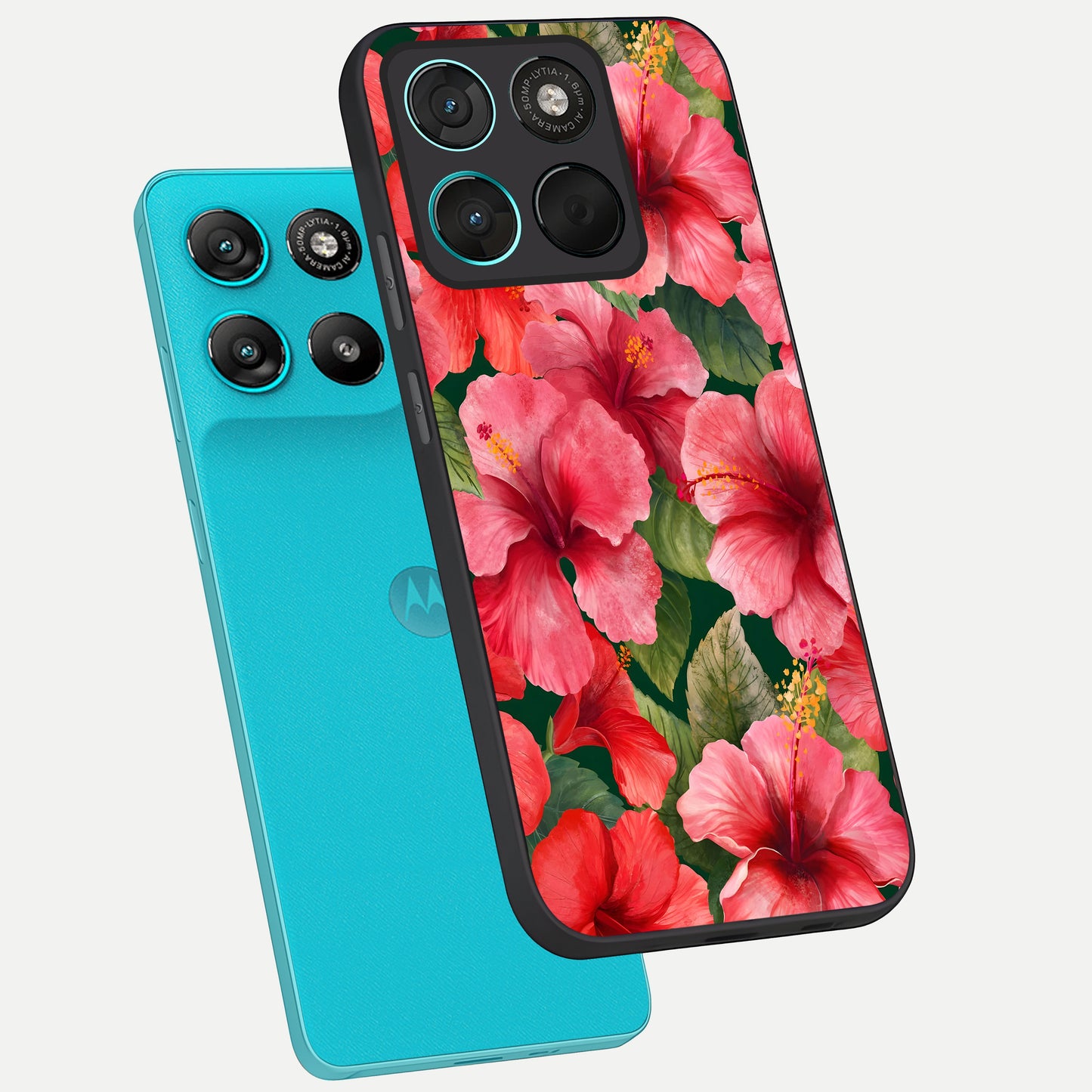  Hibiscus Pattern phone case For Moto G57 Power showing premium glass back cover with detailed artwork