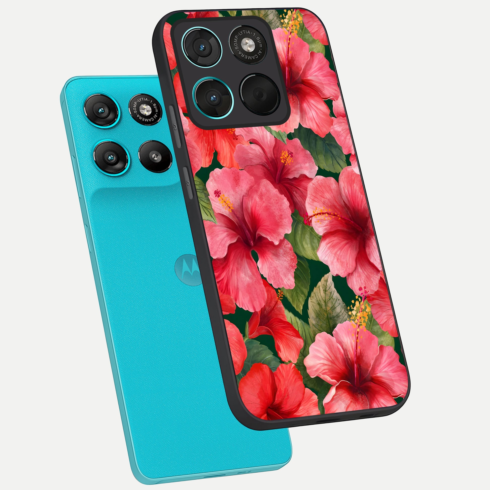  Hibiscus Pattern phone case For Moto G57 Power showing premium glass back cover with detailed artwork