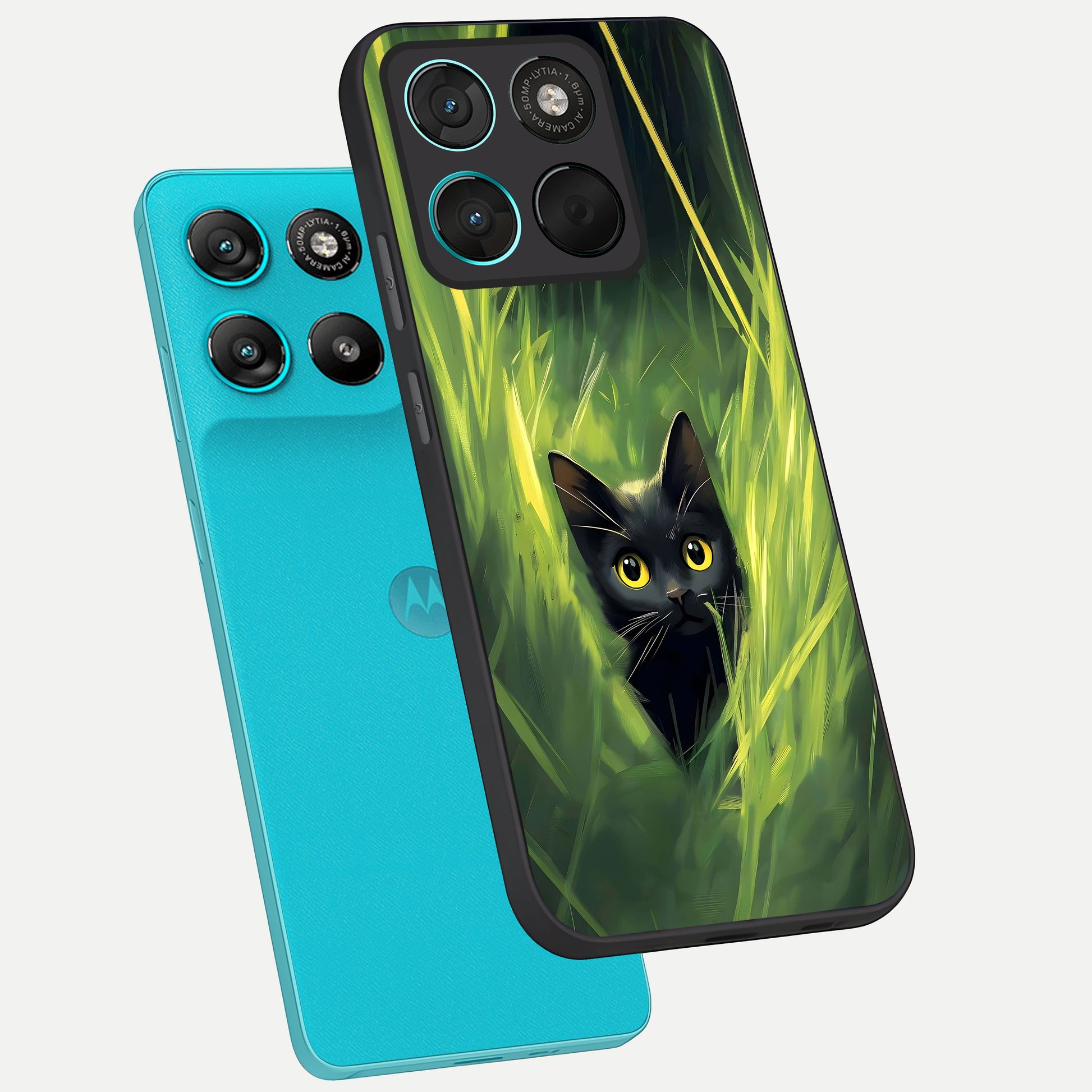  Hidden Cat Whisper phone case For Moto G57 Power showing premium glass back cover with detailed artwork