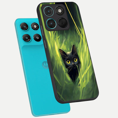  Hidden Cat Whisper phone case For Moto G57 Power showing premium glass back cover with detailed artwork