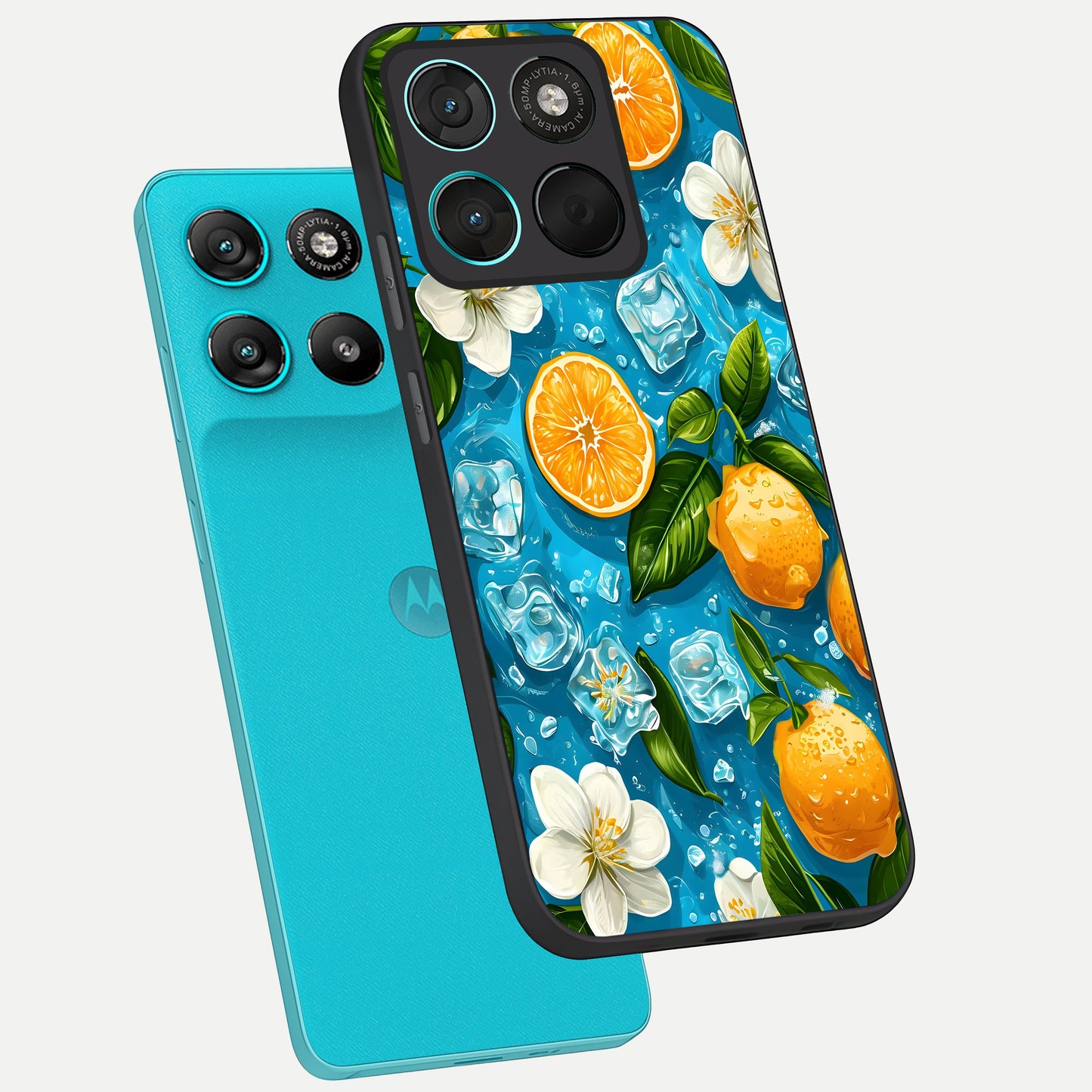  Ice Cube With Orange phone case For Moto G57 Power showing premium glass back cover with detailed artwork