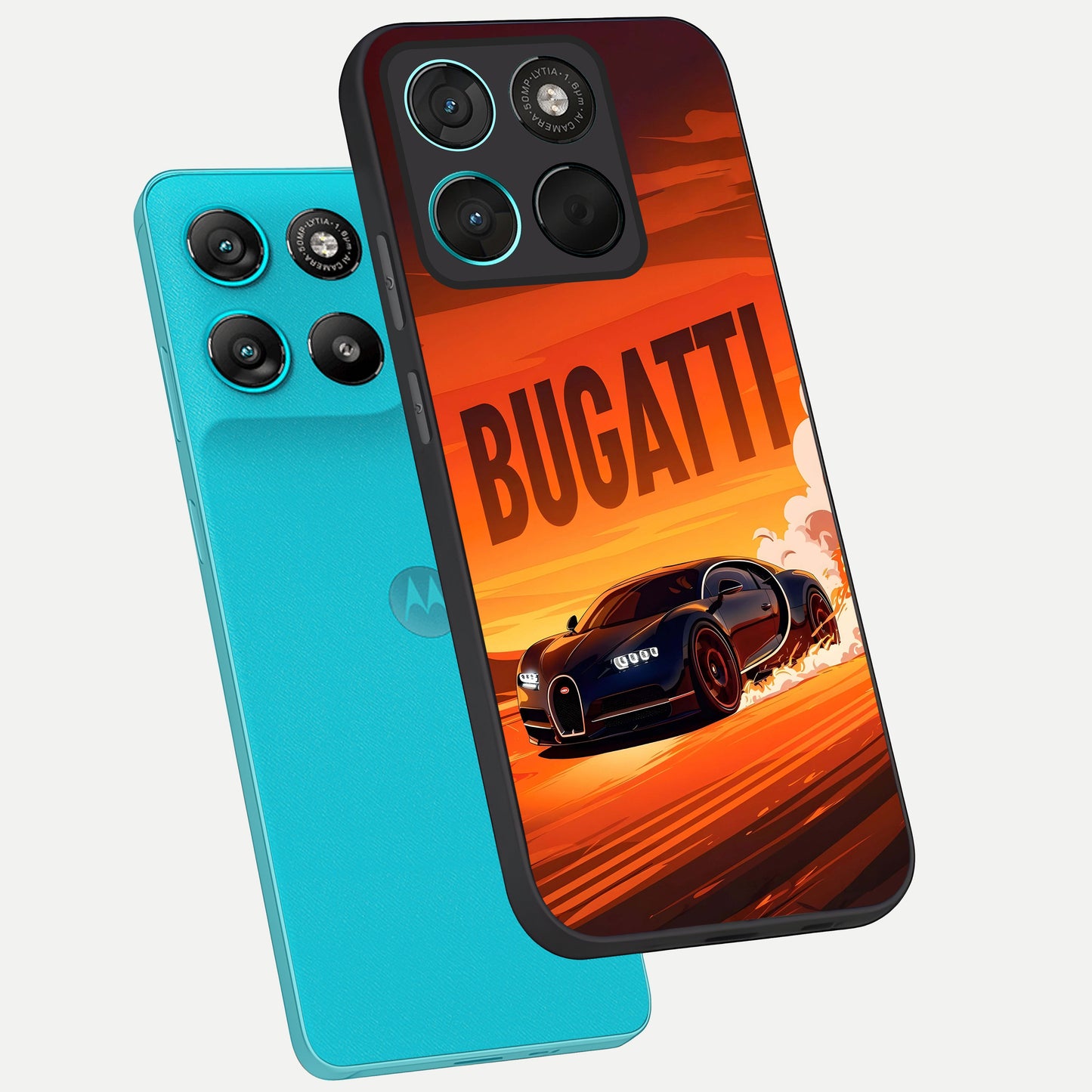  Inferno Bugatti Storm phone case For Moto G57 Power showing premium glass back cover with detailed artwork