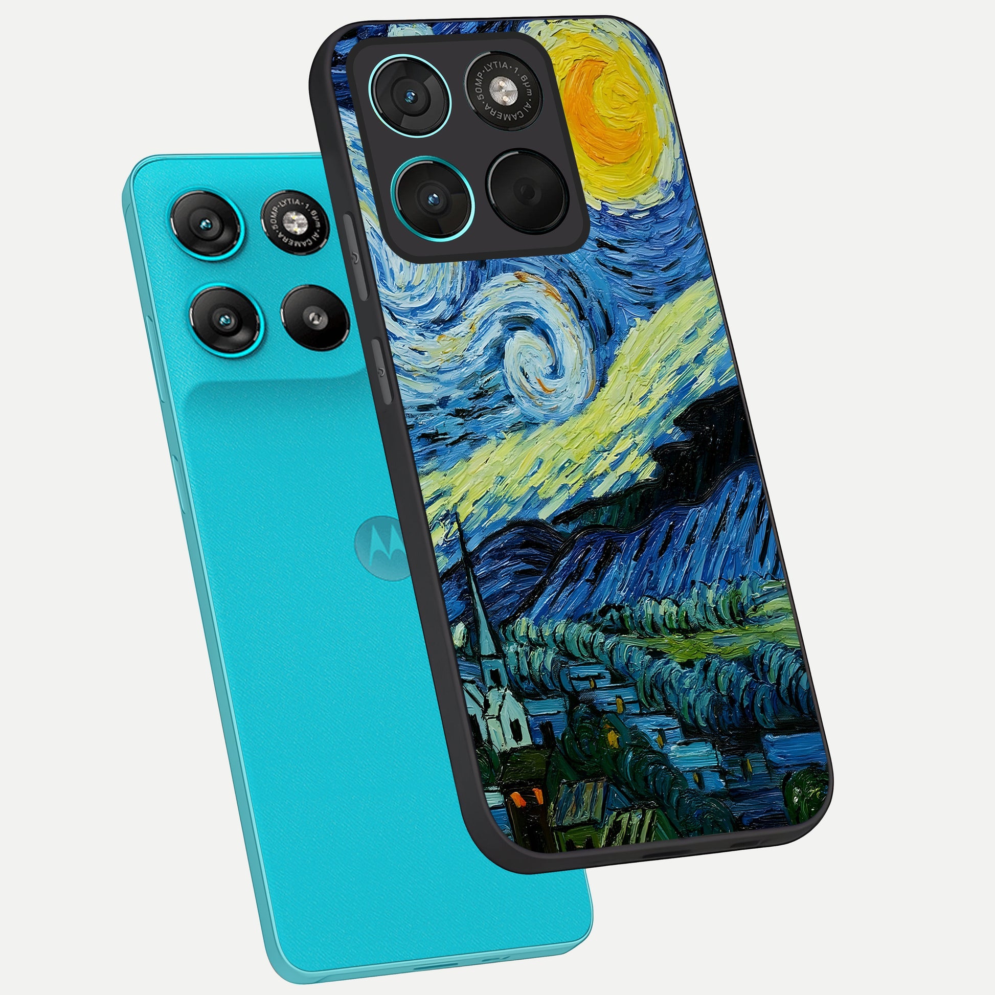  Inspired Van Gogh Art phone case For Moto G57 Power showing premium glass back cover with detailed artwork