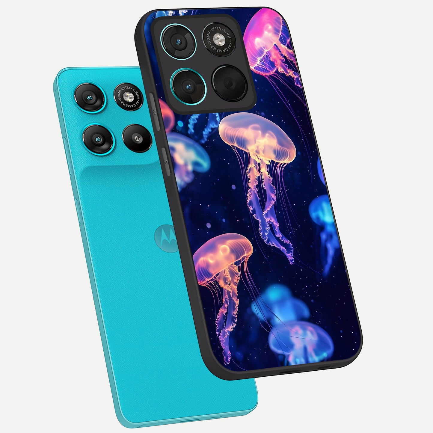  Jellyfish Pattern phone case For Moto G57 Power showing premium glass back cover with detailed artwork